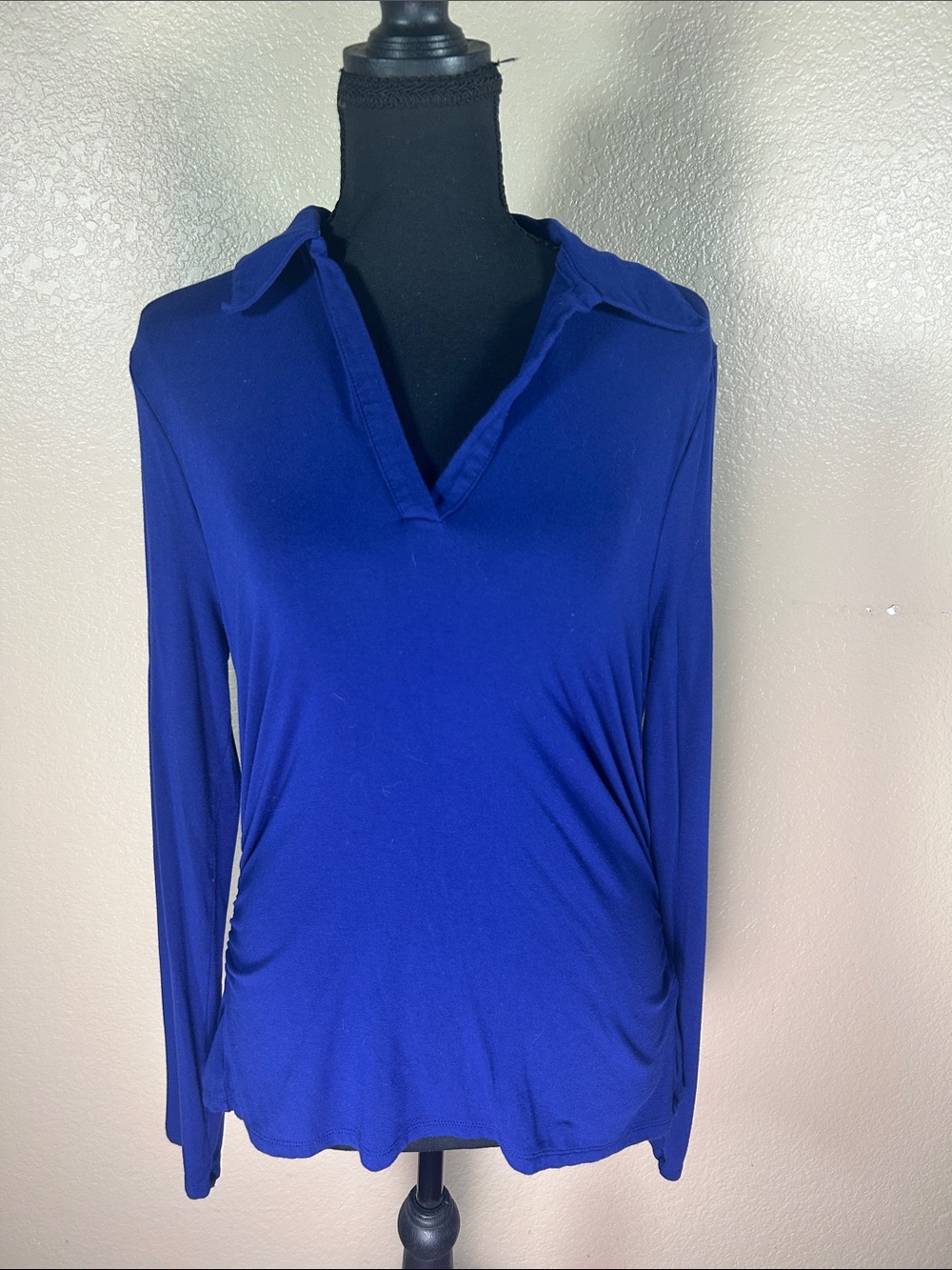 Madewell Side-Cinch Long Sleeve Polo Top Bright Cobalt Blue V Neck